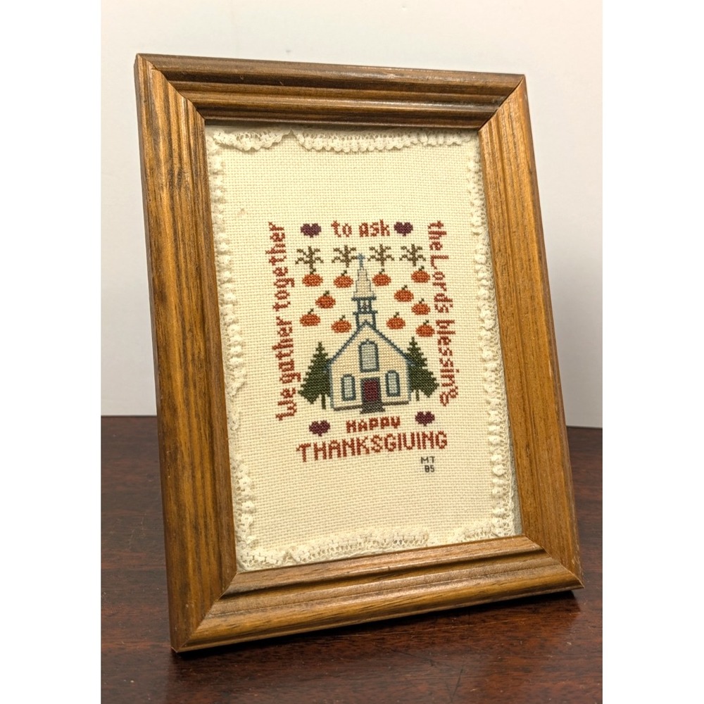 Vintage 1985 Thanksgiving Cross Stitch Sampler Framed Church Folk Art Needlework